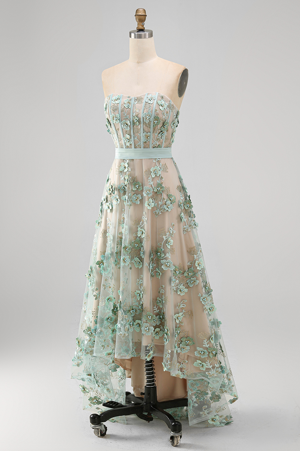 Floral A Line Corset Dusty Green High Low Formal Dress with Pearls