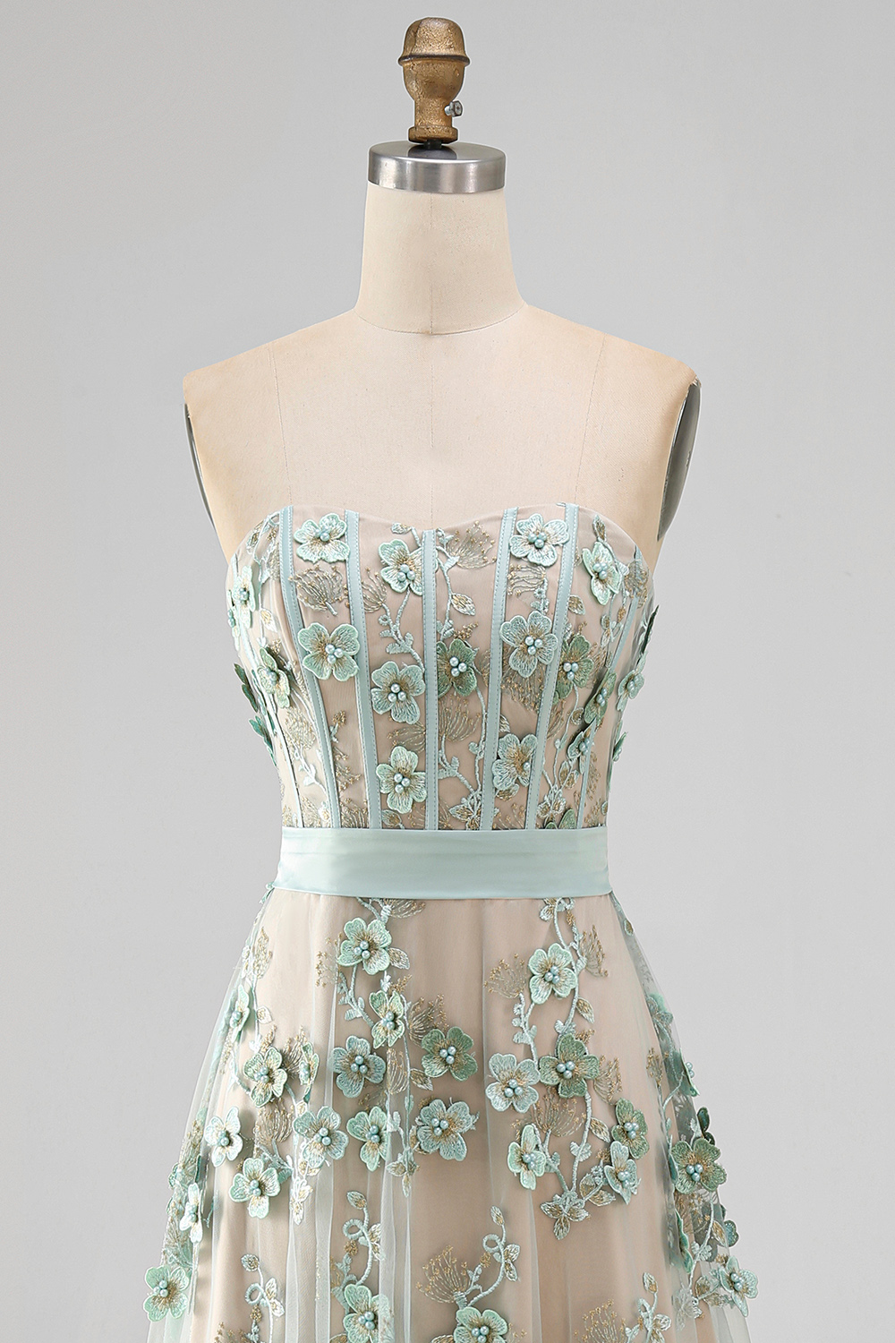 Floral A Line Corset Dusty Green High Low Formal Dress with Pearls