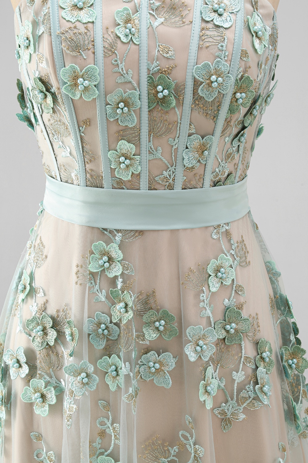 Floral A Line Corset Dusty Green High Low Formal Dress with Pearls