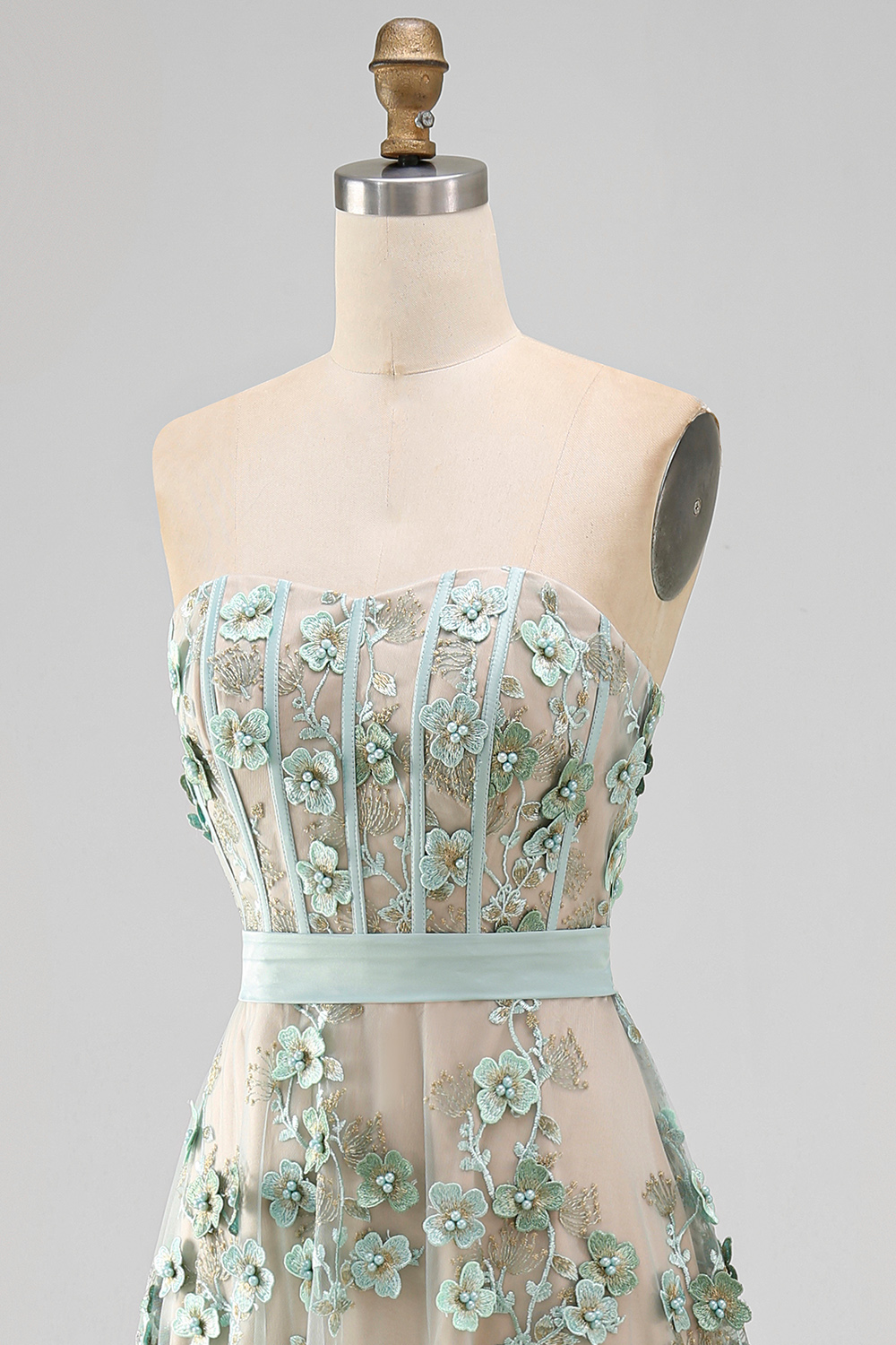 Floral A Line Corset Dusty Green High Low Formal Dress with Pearls