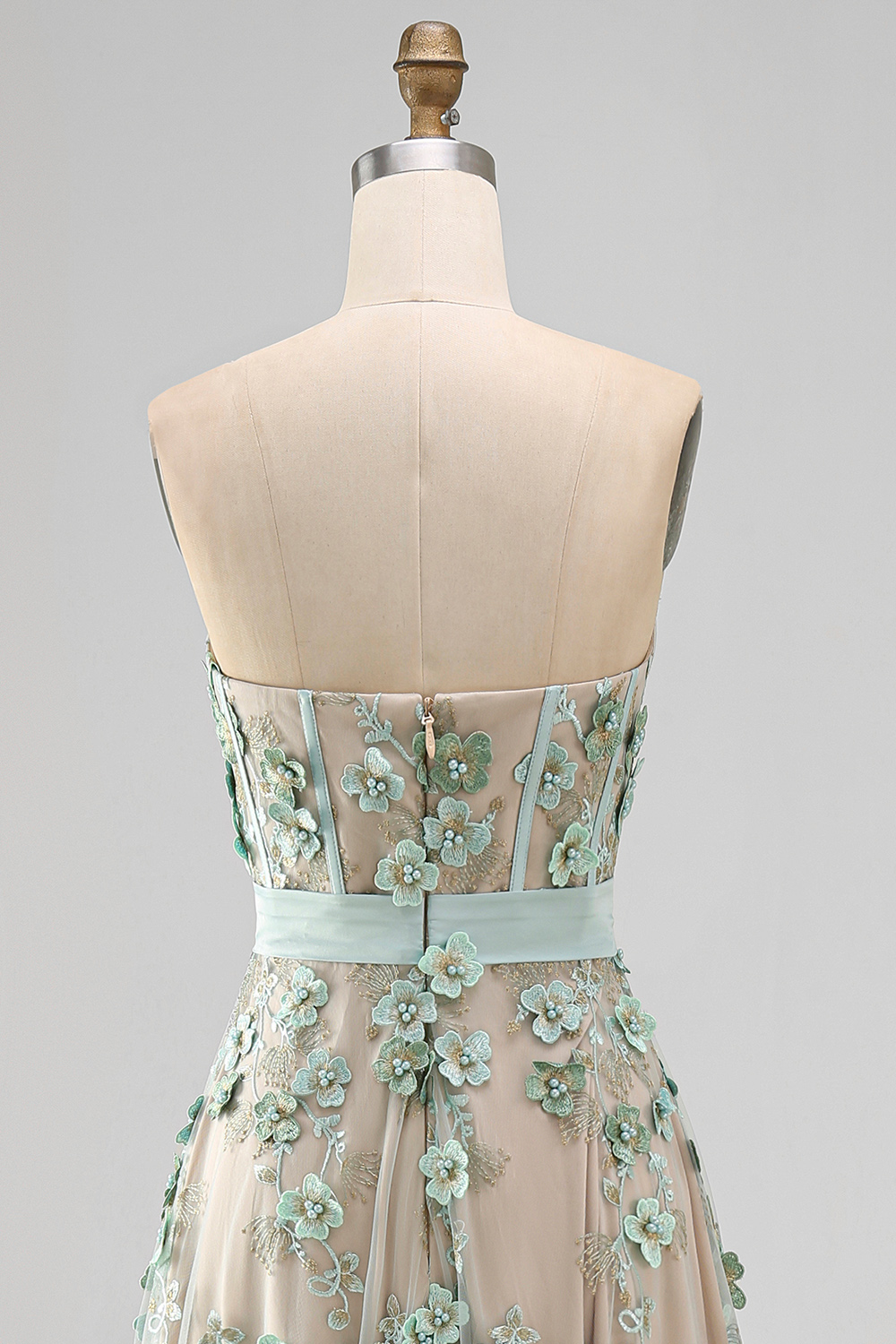 Floral A Line Corset Dusty Green High Low Formal Dress with Pearls