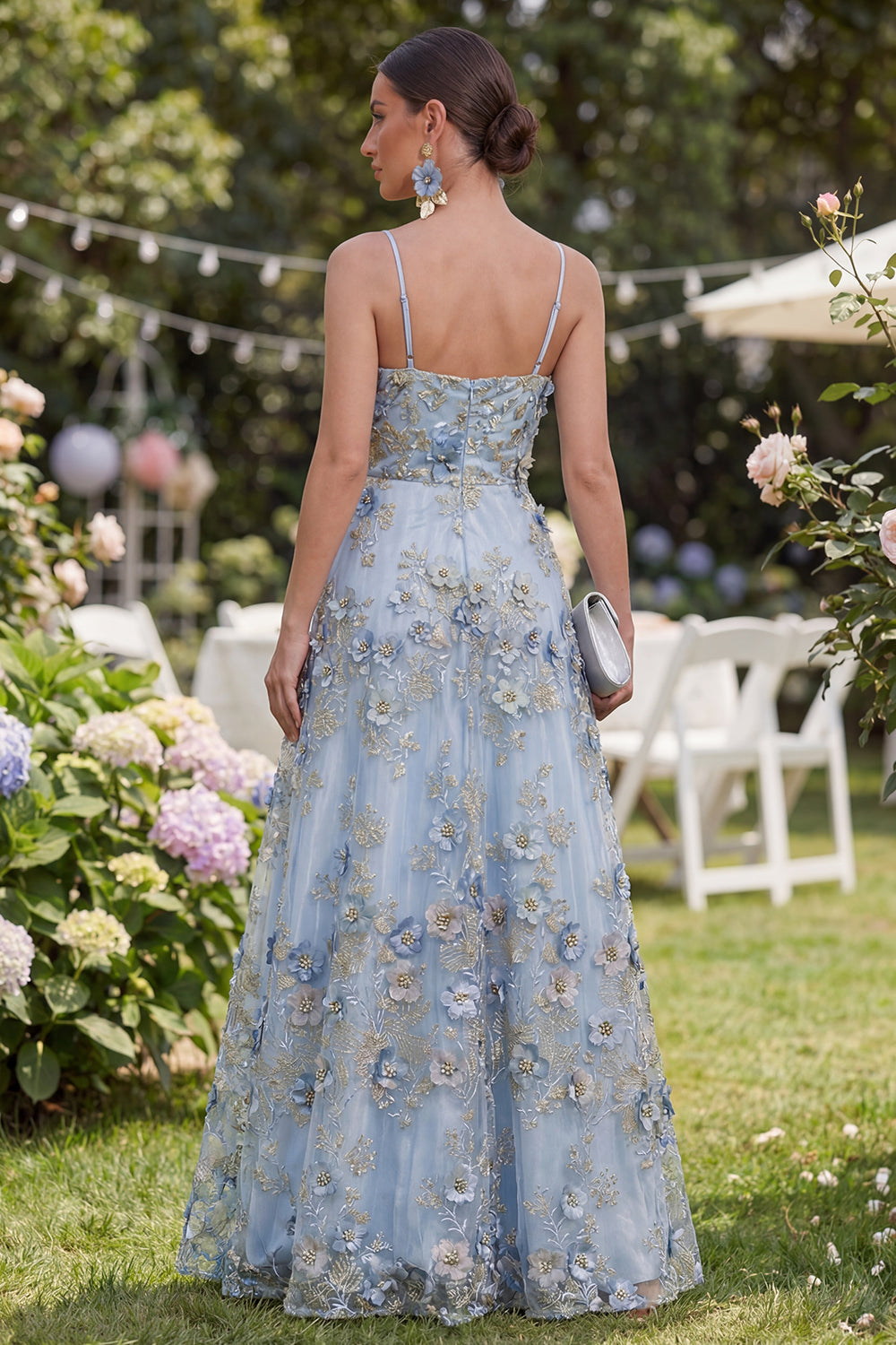 Blue Ruched A Line Maxi Floral Spaghetti Straps Formal Dress with Pearls