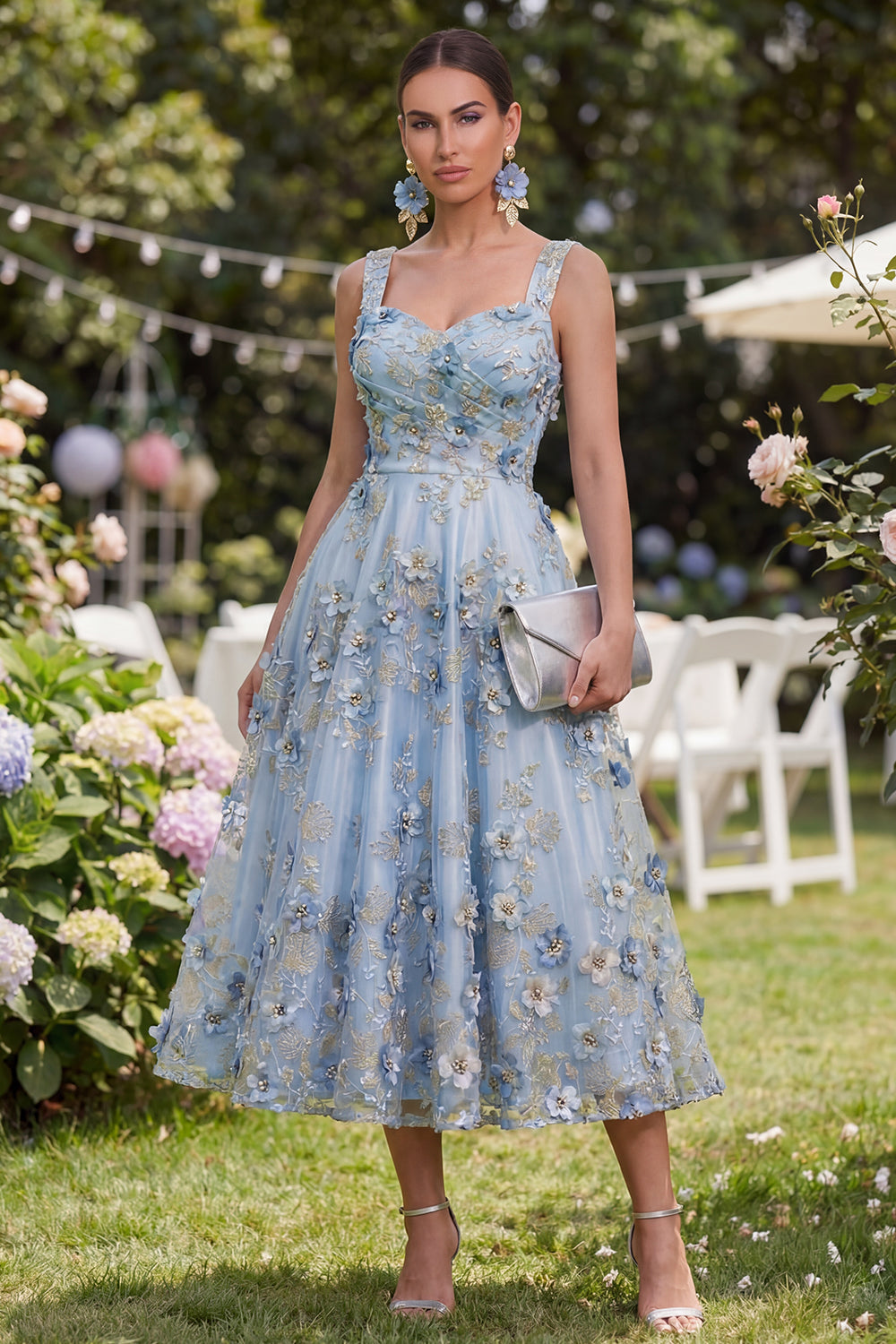 Blue Thick Straps Ruched A Line Maxi Floral Formal Dress with Pearls