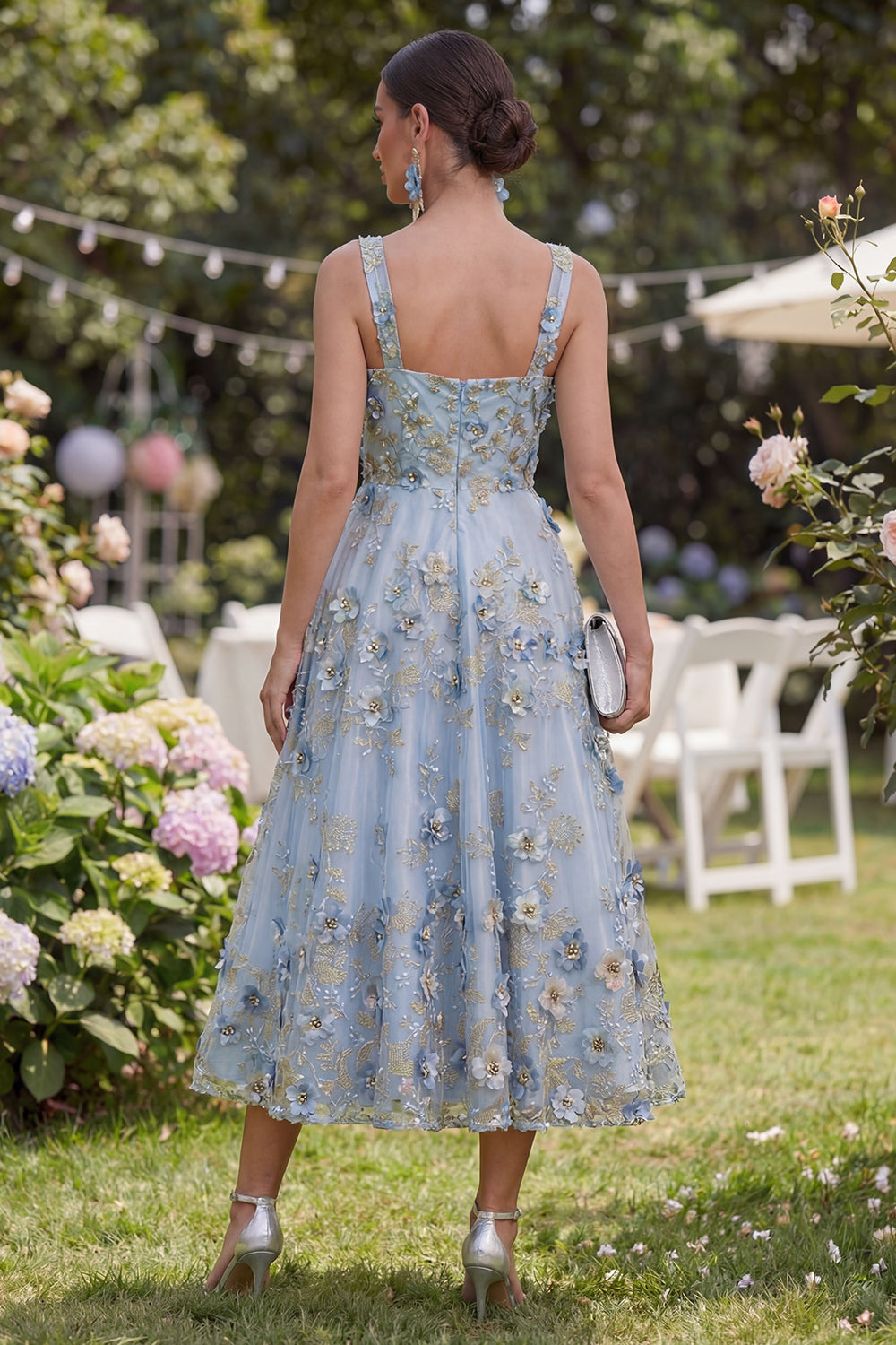 Blue Thick Straps Ruched A Line Maxi Floral Formal Dress with Pearls