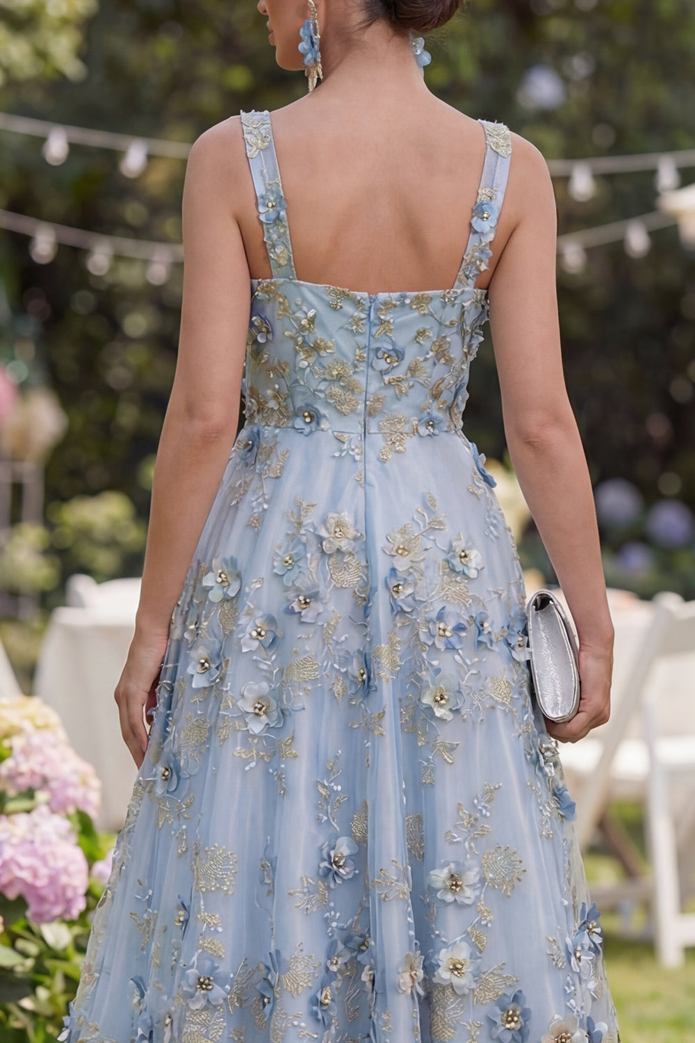 Blue Thick Straps Ruched A Line Maxi Floral Formal Dress with Pearls