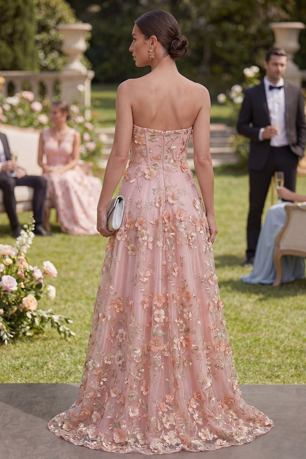 Pink Orange Strapless Floral A Line Maxi Formal Dress with Pearls