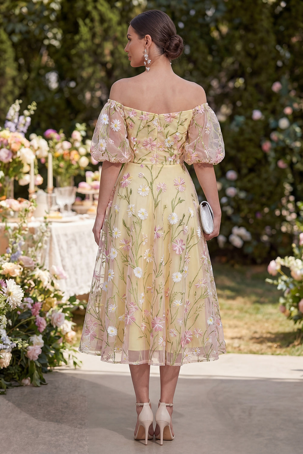 Puff Sleeves Floral Ruched Light Yellow A Line Formal Dress