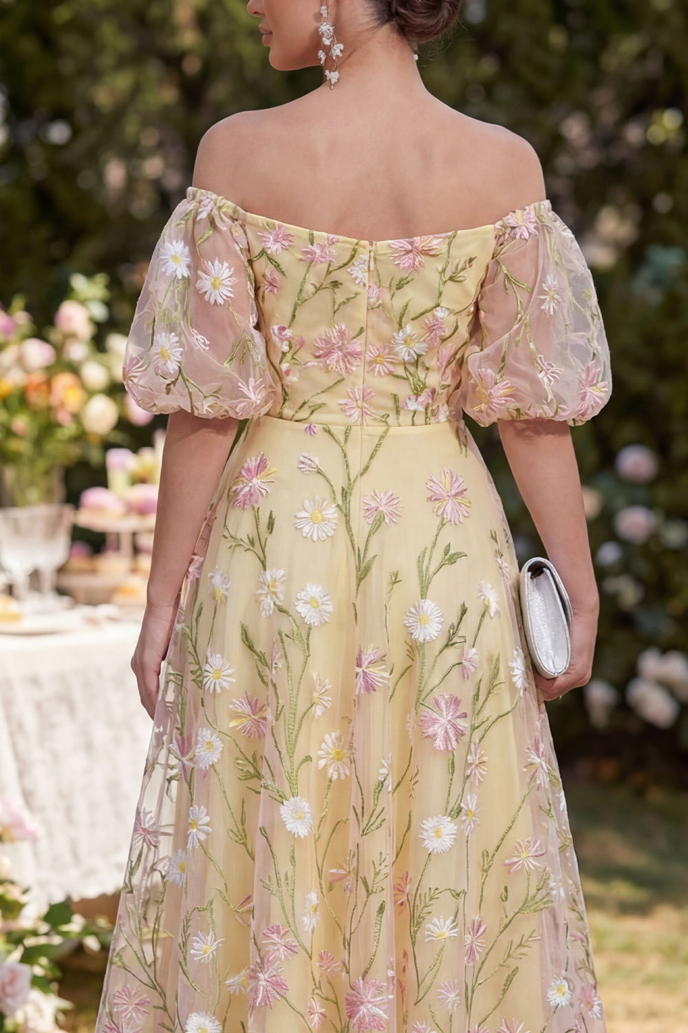 Puff Sleeves Floral Ruched Light Yellow A Line Formal Dress