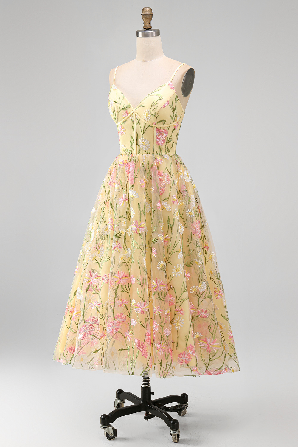 Corset Spaghetti Straps Floral Light Yellow A Line Midi Formal Dress
