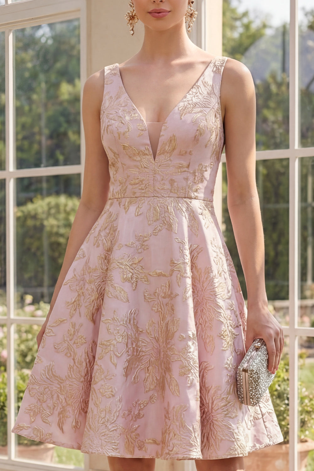 V-Neck A Line Blush Jacquard Short Floral Formal Dress