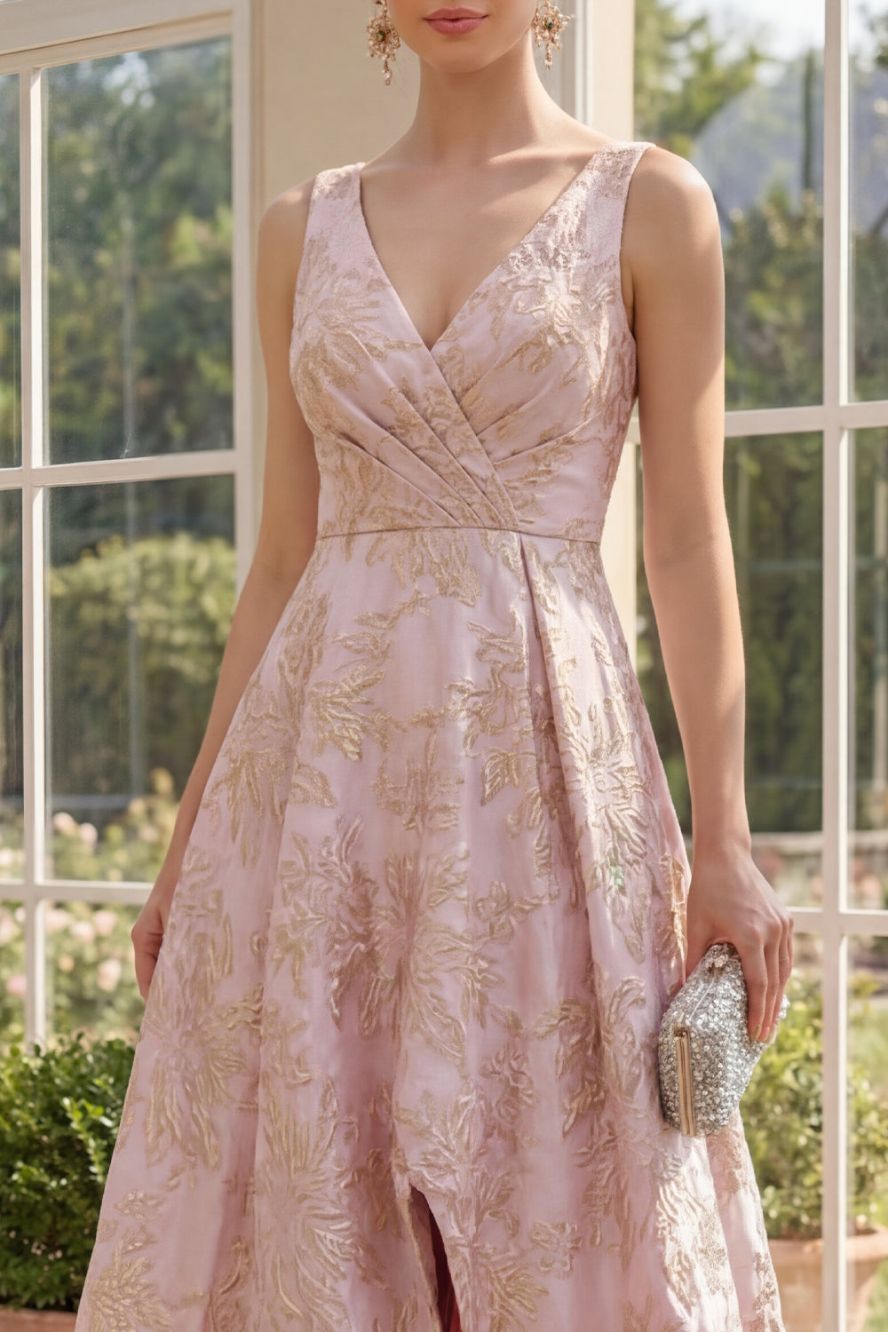 V-Neck Ruched High Low A Line Blush Jacquard Floral Formal Dress