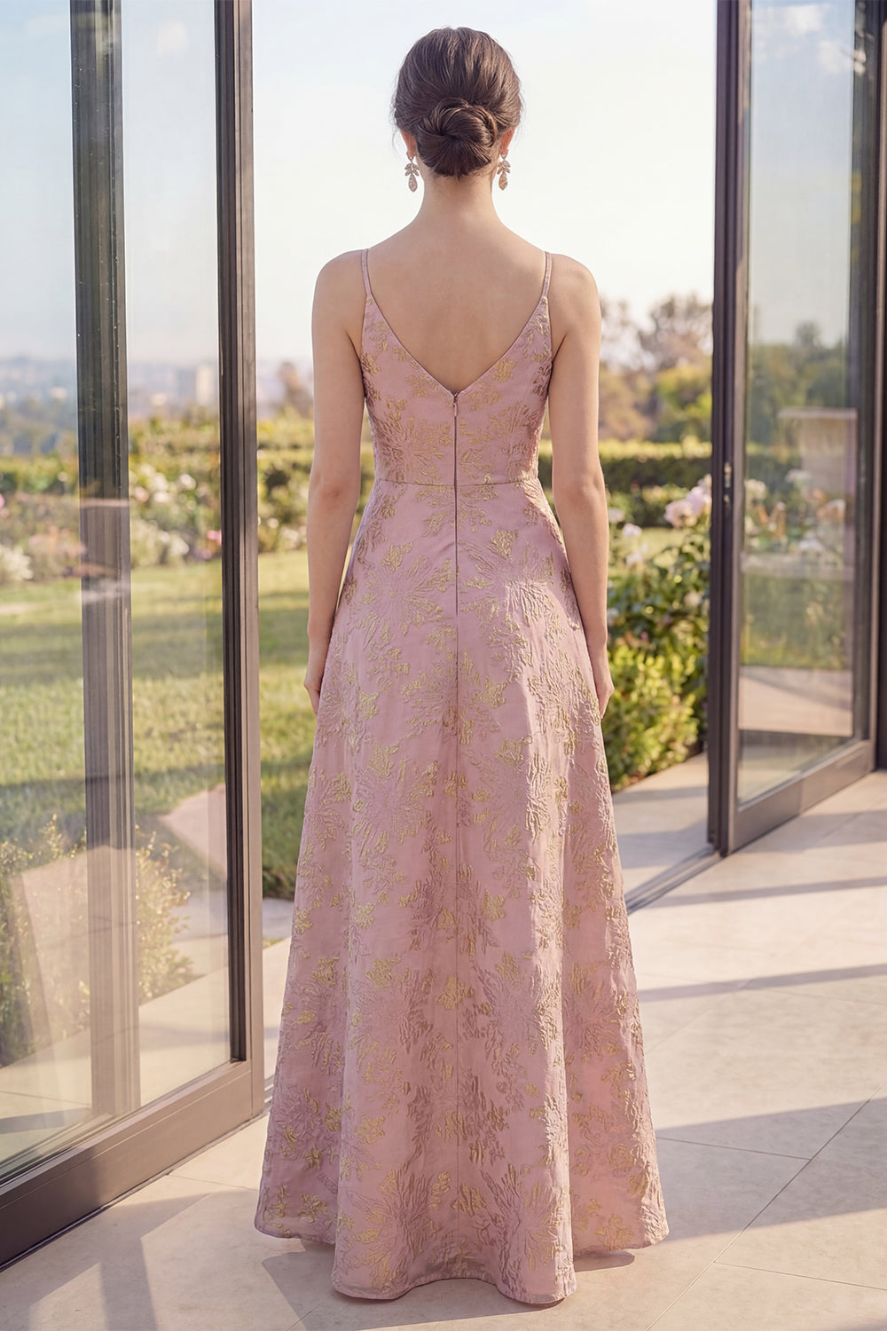 V Neck Long A Line Blush Jacquard Floral Formal Dress with Slit