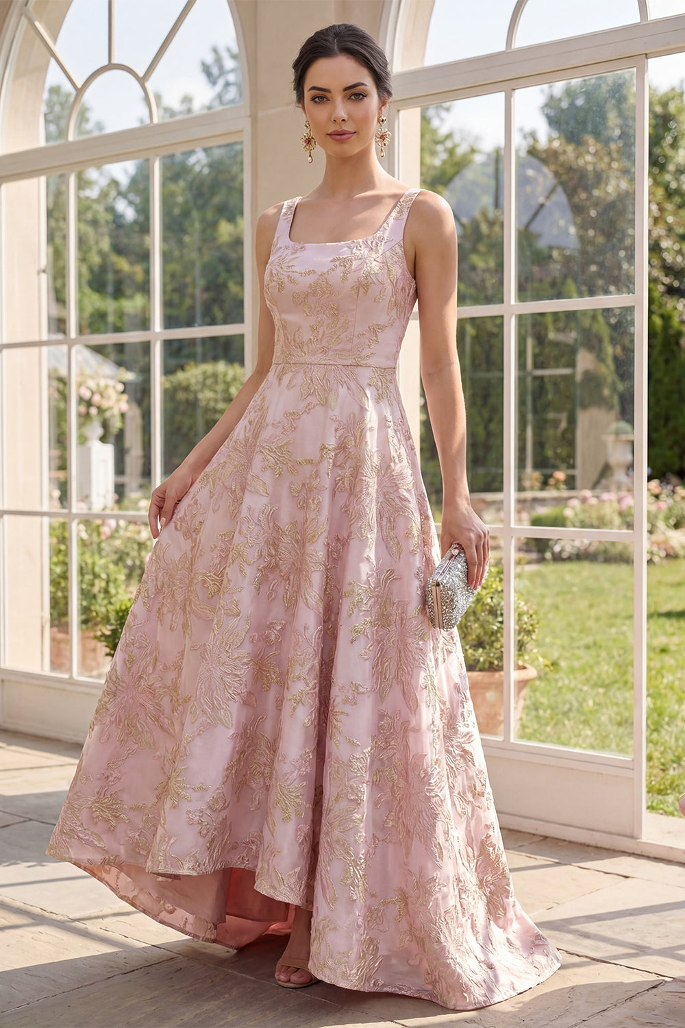 Square Neck Long A Line Blush Jacquard Floral Formal Dress