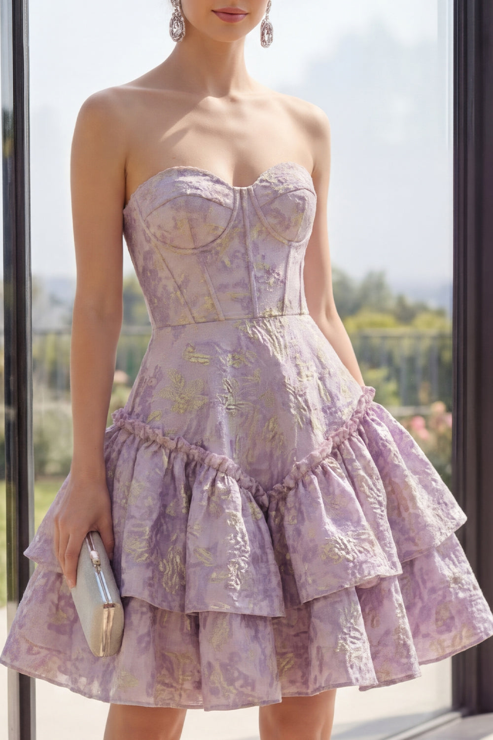 Basque Waist A Line Corset Dusty Lilac Jacquard Short Formala Dress with Ruffles