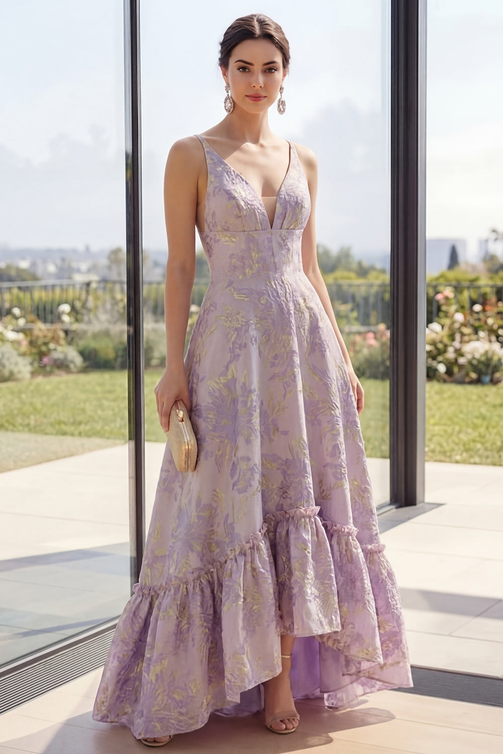 Long V-Neck Backless Dusty Lilac Jacquard A Line Floral Formal Dress