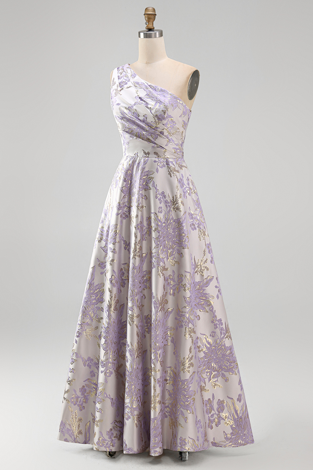Long One Shoulder Ruched Dusty Lilac Jacquard A Line Floral Formal Dress