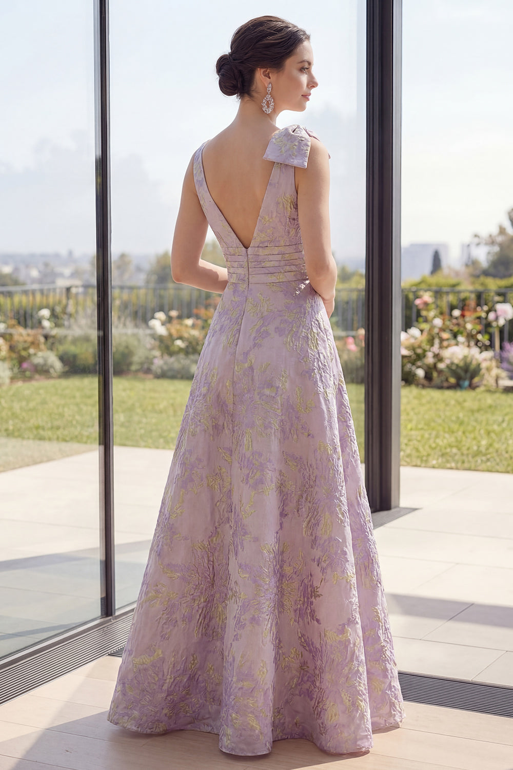 Long Ruched Dusty Lilac Jacquard A Line Floral V-Neck Formal Dress with Slit