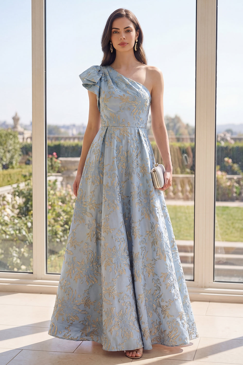 One Shoulder Jacquard Long A Line Dusty Blue Floral Formal Dress with Bow