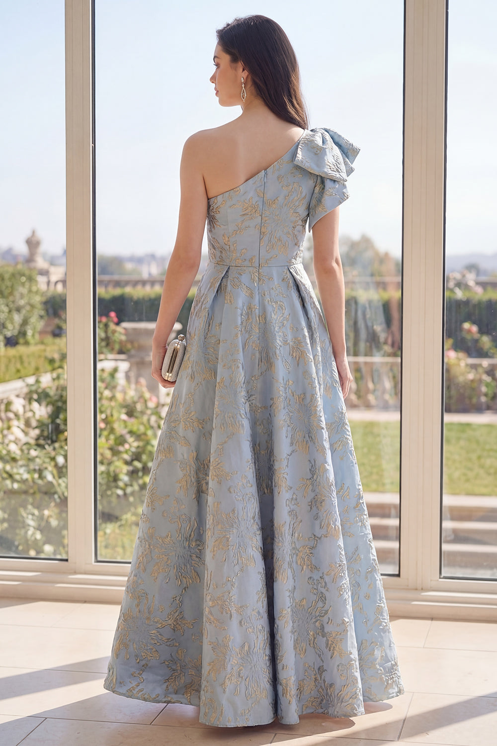 One Shoulder Jacquard Long A Line Dusty Blue Floral Formal Dress with Bow
