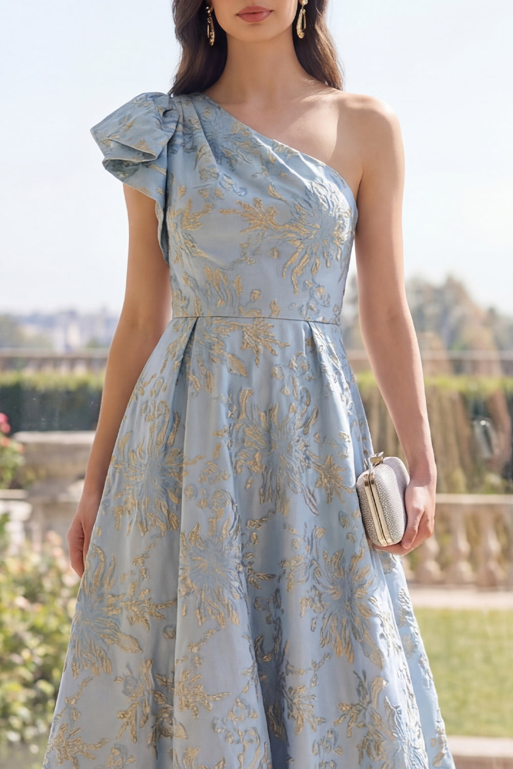One Shoulder Jacquard Long A Line Dusty Blue Floral Formal Dress with Bow