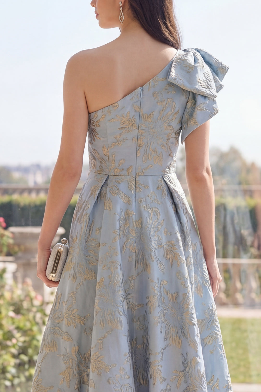 One Shoulder Jacquard Long A Line Dusty Blue Floral Formal Dress with Bow