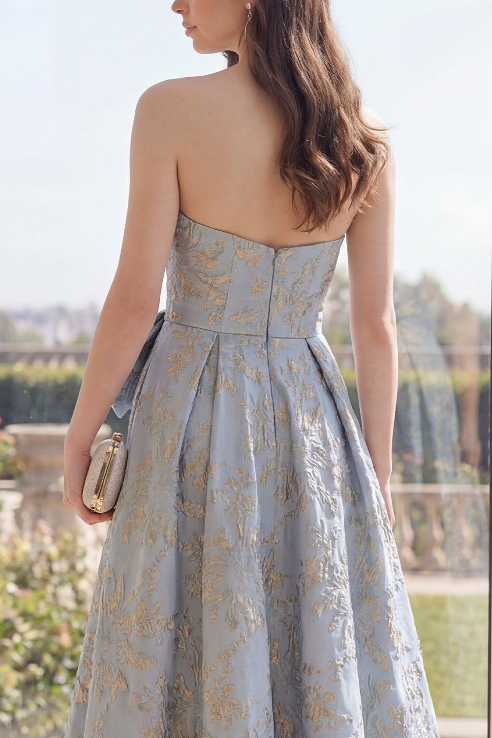 Jacquard Long A Line Dusty Blue Floral Formal Dress with Bow