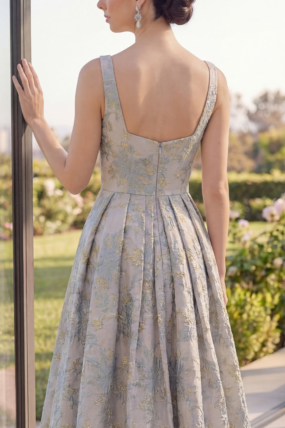 Thick Straps Jacquard Long A Line Dusty Blue Floral Formal Dress