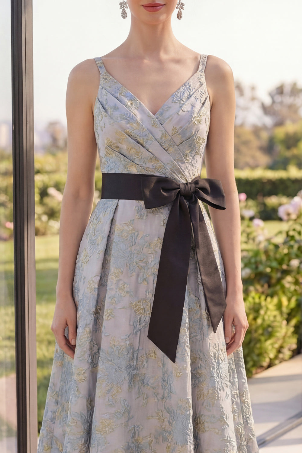 Asymmetrical Jacquard V-Neck A Line Dusty Blue Floral Formal Dress with Bow
