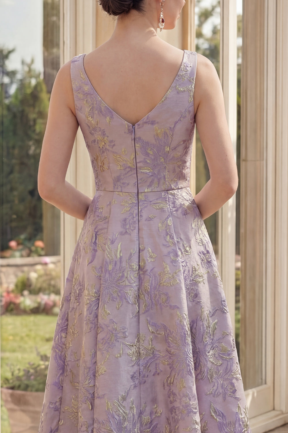 Thick Straps Jacquard Maxi A Line Dusty Lilac Floral Formal Dress