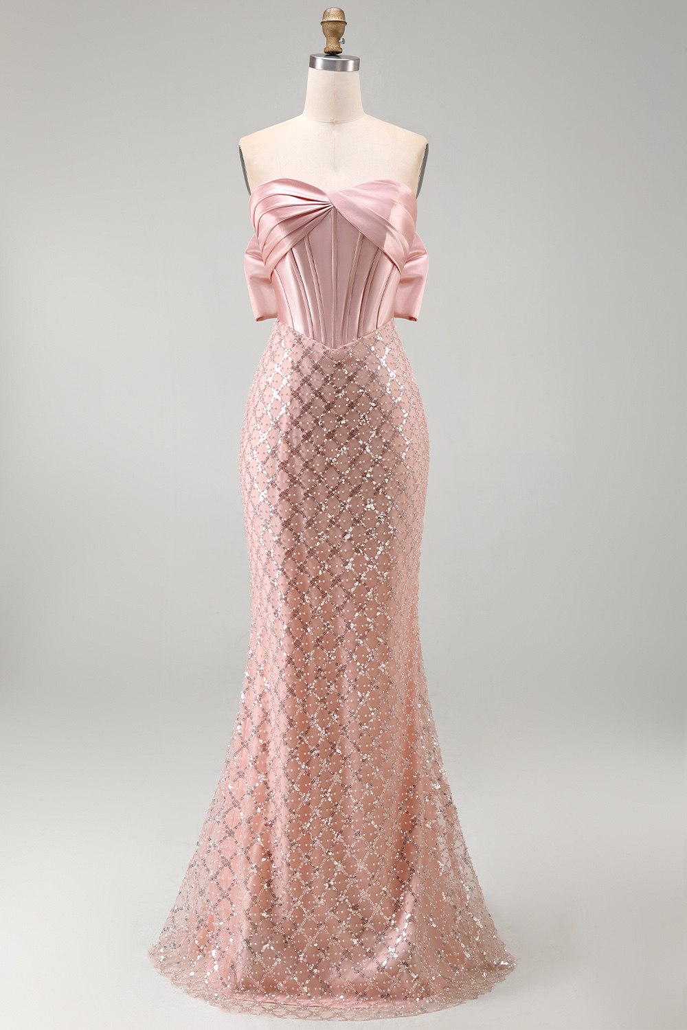 Strapless Beaded Sparkly Blush Mermaid aLong Corset Formal Dress with Bow