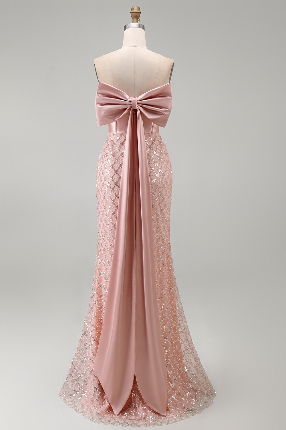 Strapless Beaded Sparkly Blush Mermaid aLong Corset Formal Dress with Bow