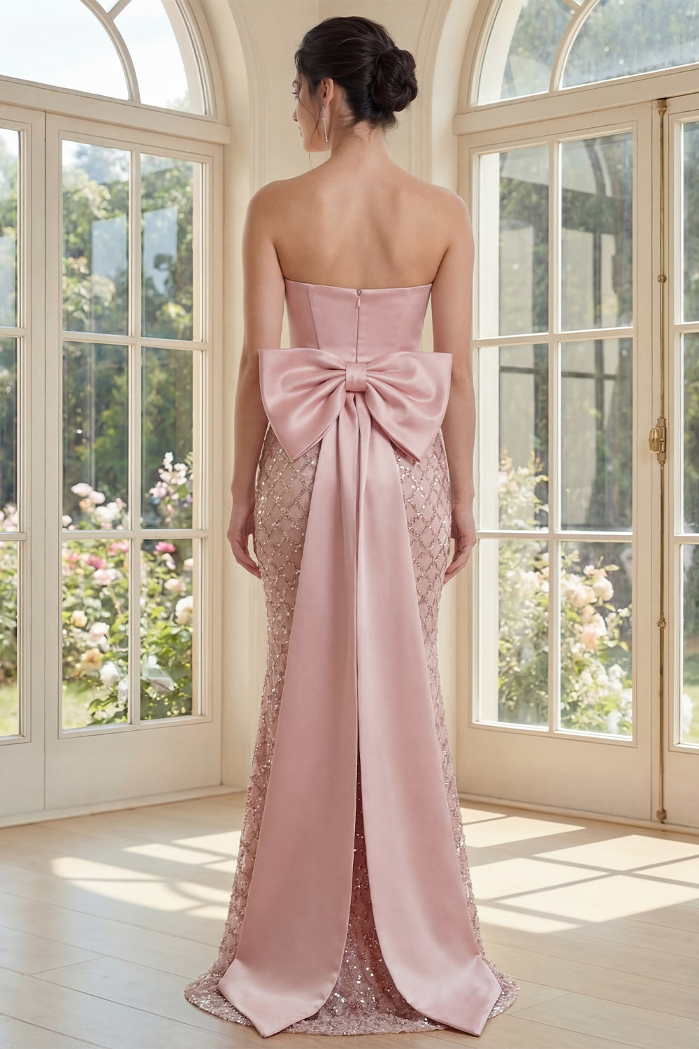 Strapless Beaded Sparkly Blush Mermaid aLong Corset Formal Dress with Bow