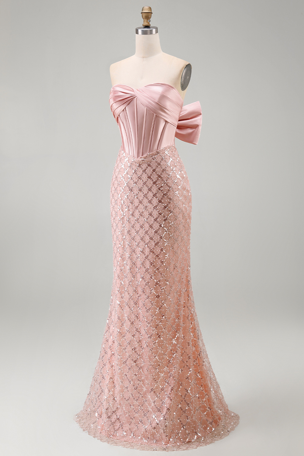 Strapless Beaded Sparkly Blush Mermaid aLong Corset Formal Dress with Bow