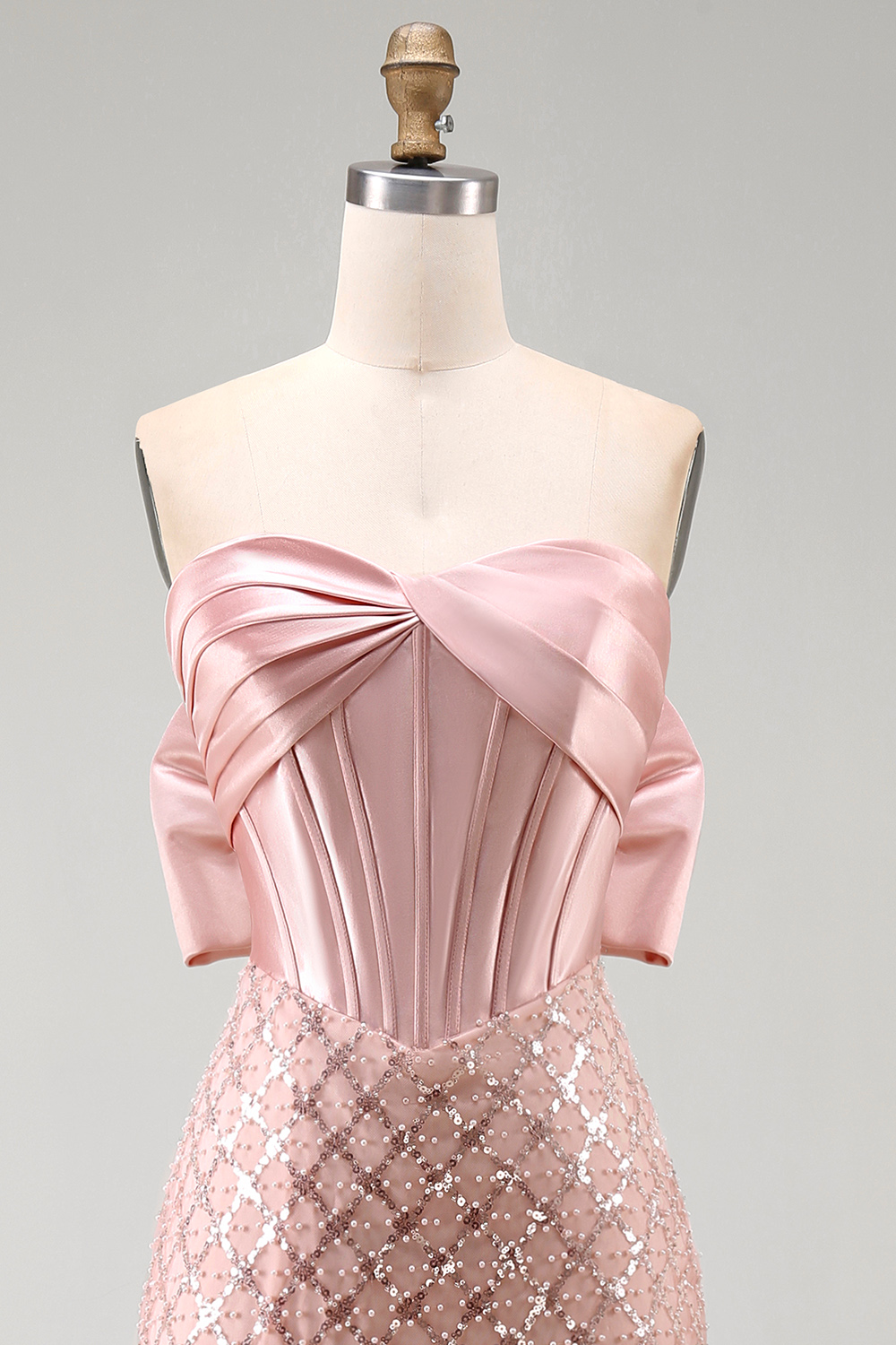 Strapless Beaded Sparkly Blush Mermaid aLong Corset Formal Dress with Bow