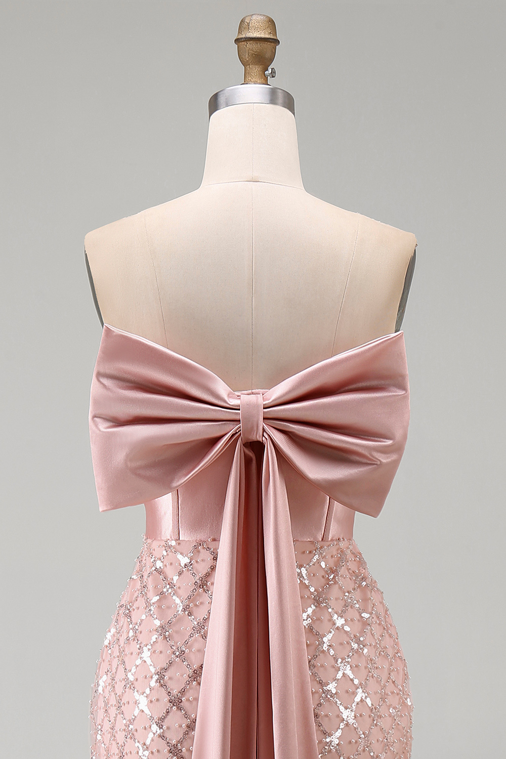 Strapless Beaded Sparkly Blush Mermaid aLong Corset Formal Dress with Bow