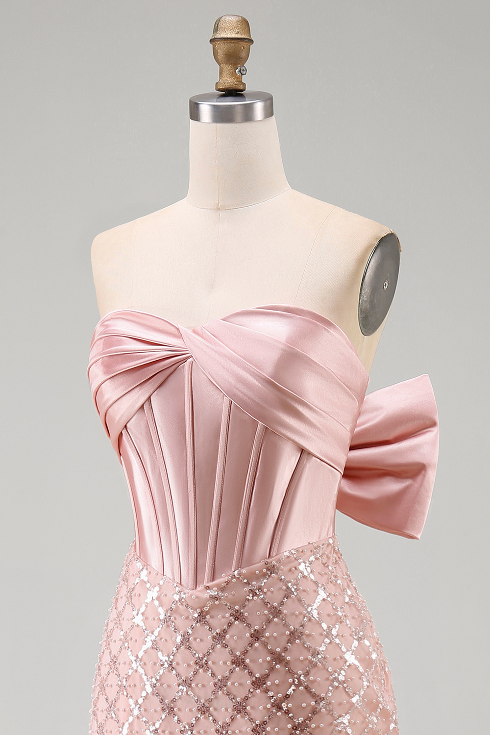 Strapless Beaded Sparkly Blush Mermaid aLong Corset Formal Dress with Bow