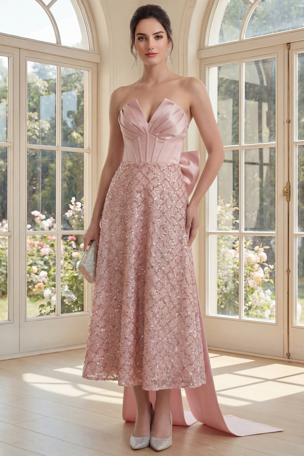 V-Neck Sequin Sparkly Blush Maxi A Line Corset Formal Dress with Bow