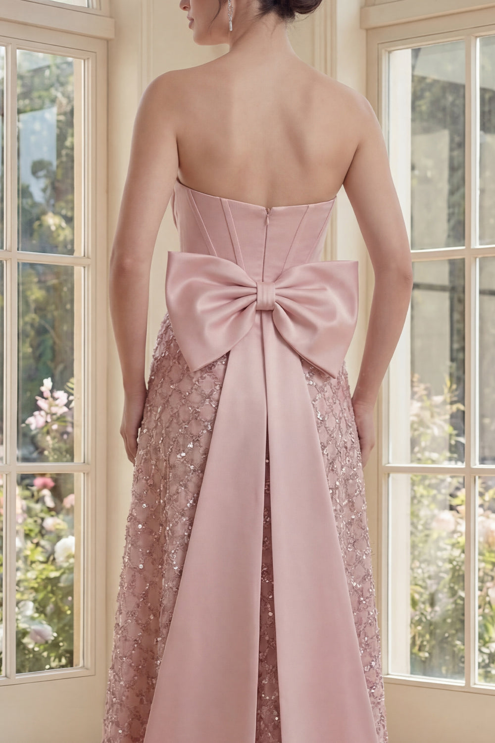 V-Neck Sequin Sparkly Blush Maxi A Line Corset Formal Dress with Bow