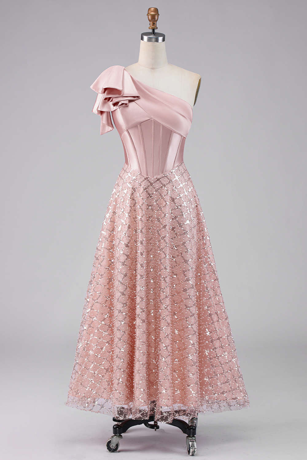 Sparkly Blush Maxi A Line Sequin Corset One Shoulder Formal Dress with Bow