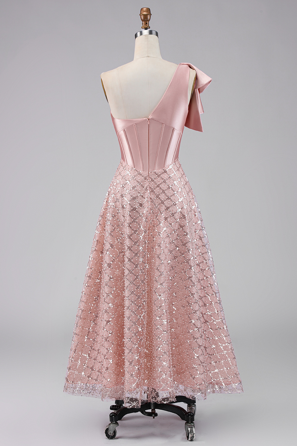 Sparkly Blush Maxi A Line Sequin Corset One Shoulder Formal Dress with Bow