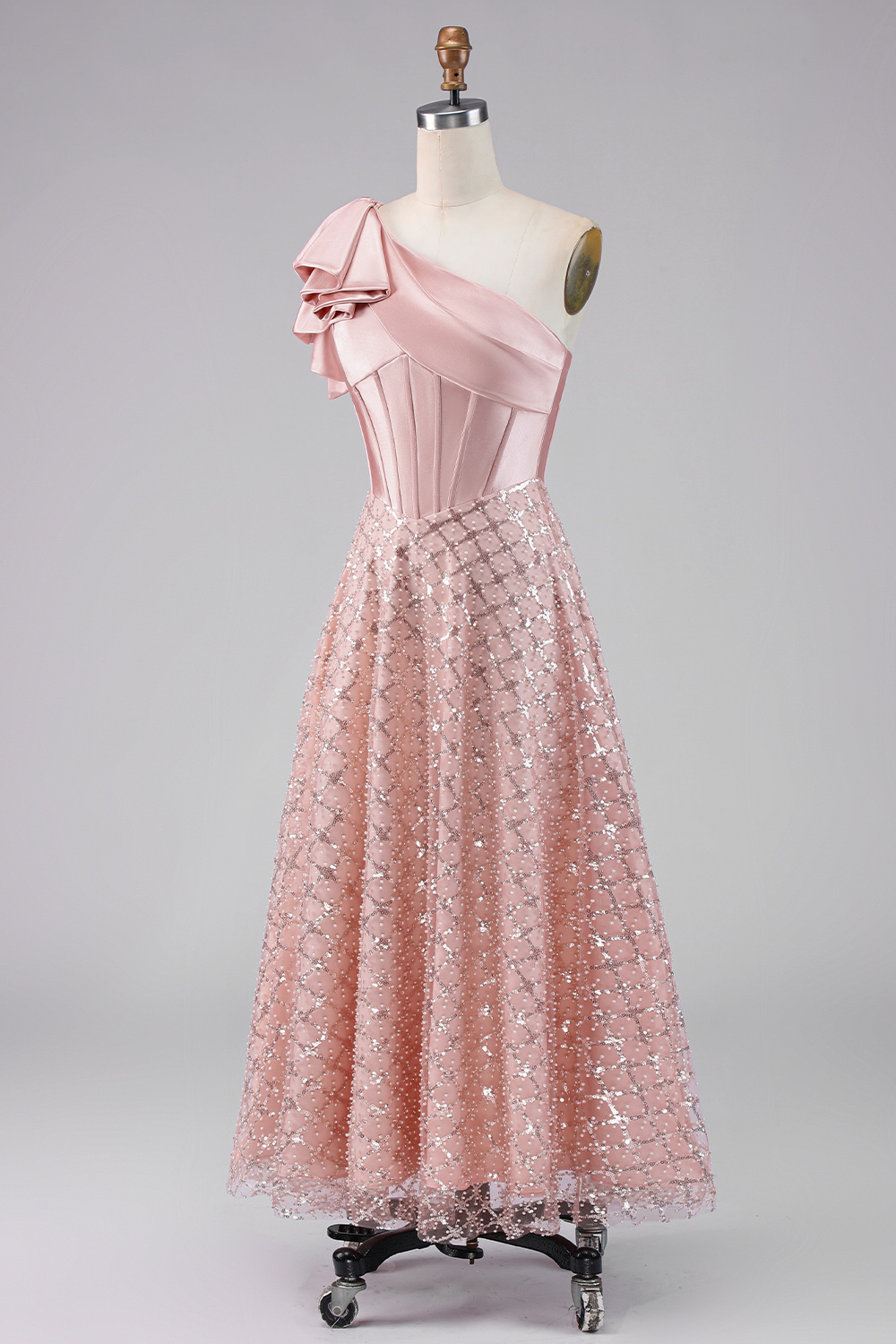 Sparkly Blush Maxi A Line Sequin Corset One Shoulder Formal Dress with Bow
