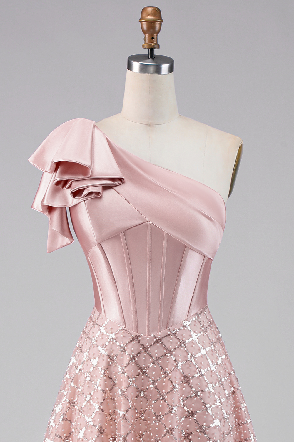 Sparkly Blush Maxi A Line Sequin Corset One Shoulder Formal Dress with Bow