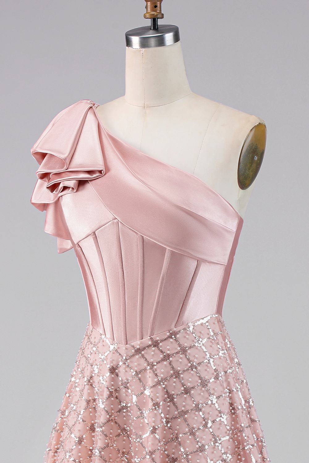 Sparkly Blush Maxi A Line Sequin Corset One Shoulder Formal Dress with Bow