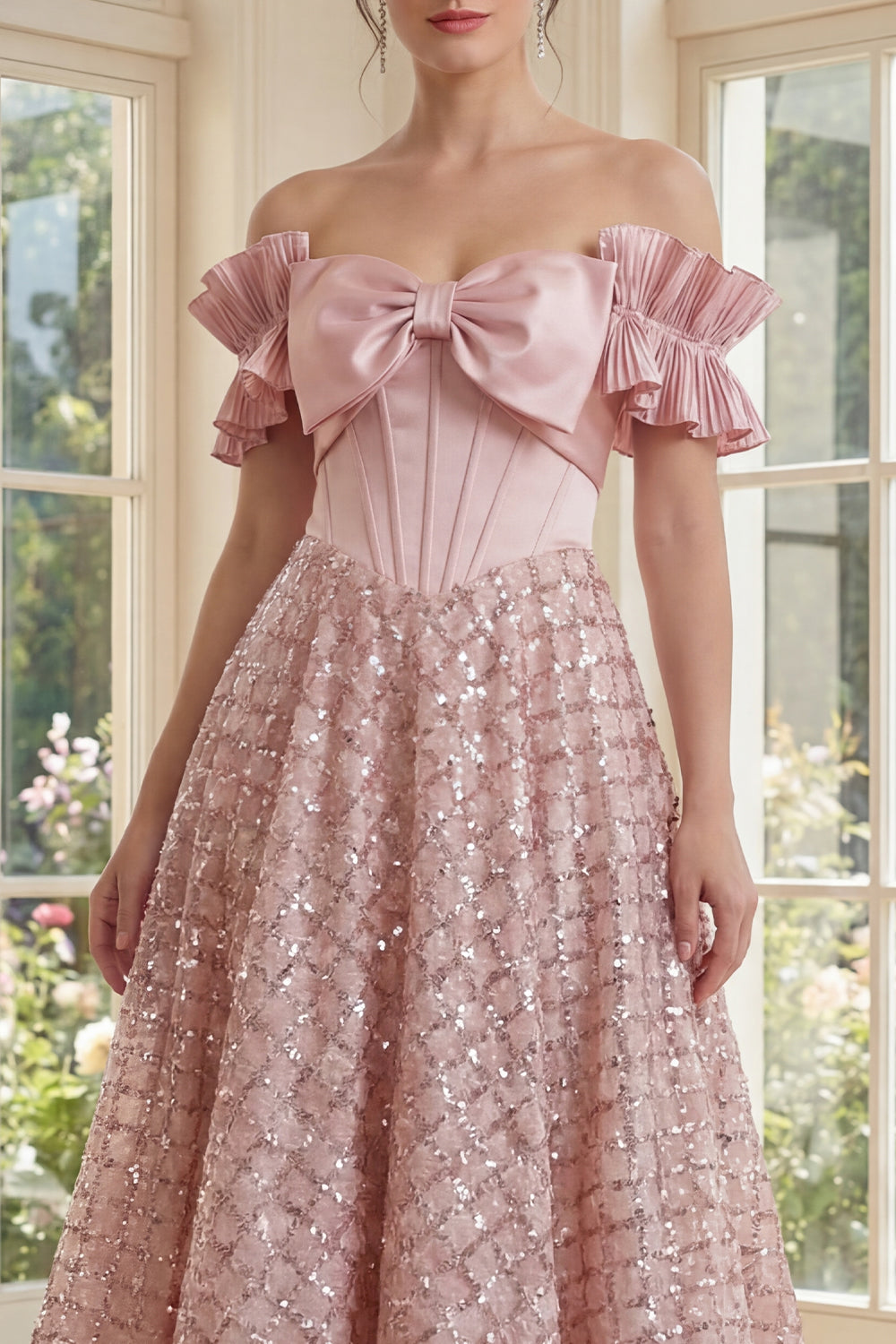 Ruffled Sparkly Blush Maxi A Line Sequin Corset Formal Dress with Bow