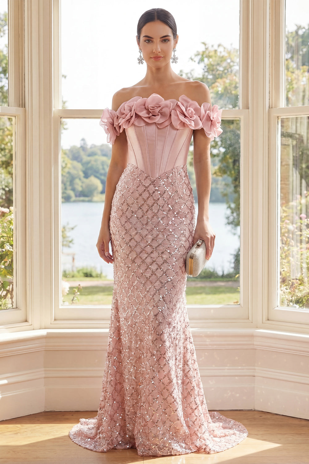 Long Mermaid Corset Sparkly Blush Sequin Formal Dress with 3D Flowers