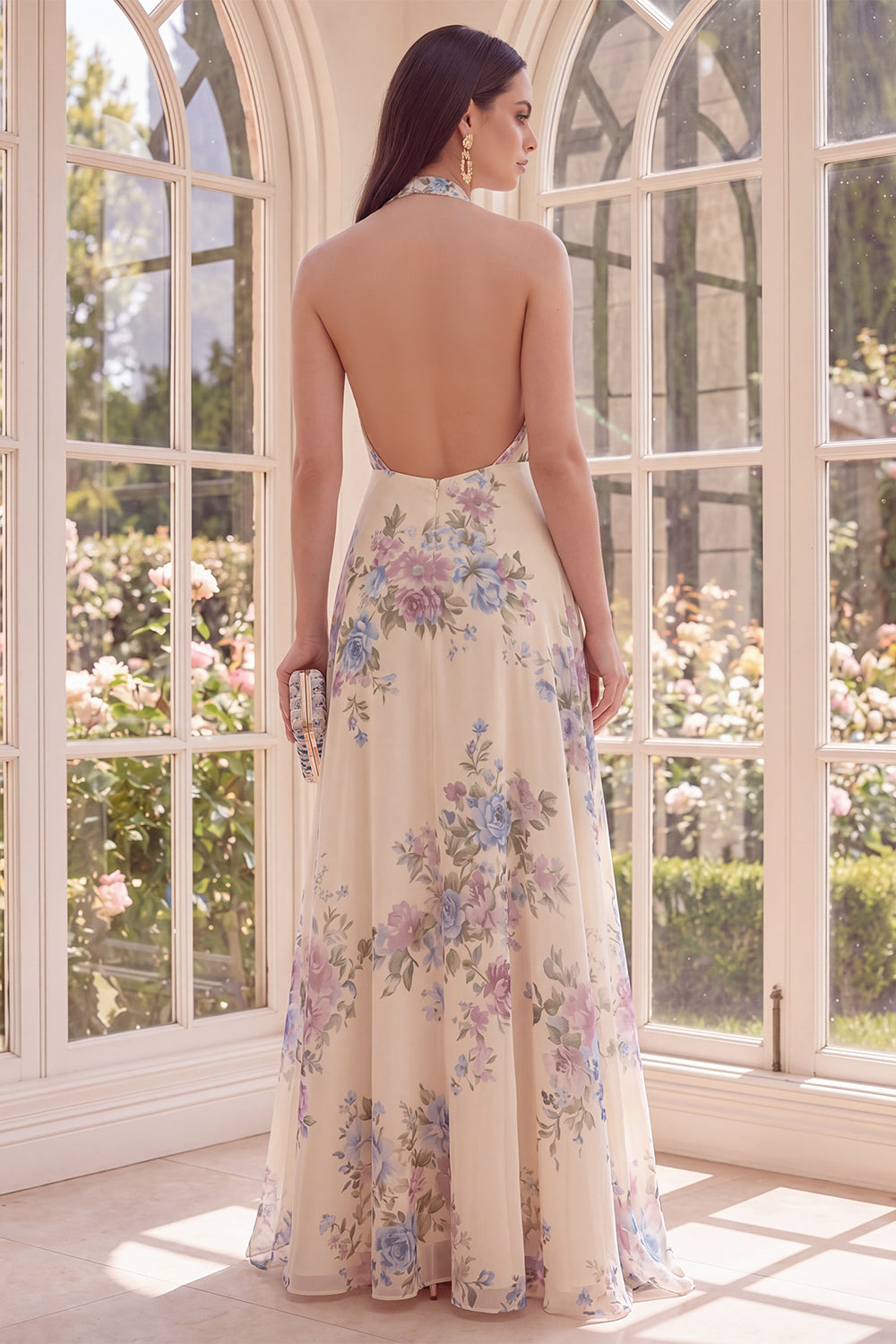 Halter Backless Apricot Floral A Line Maxi Formal Dress with Slit