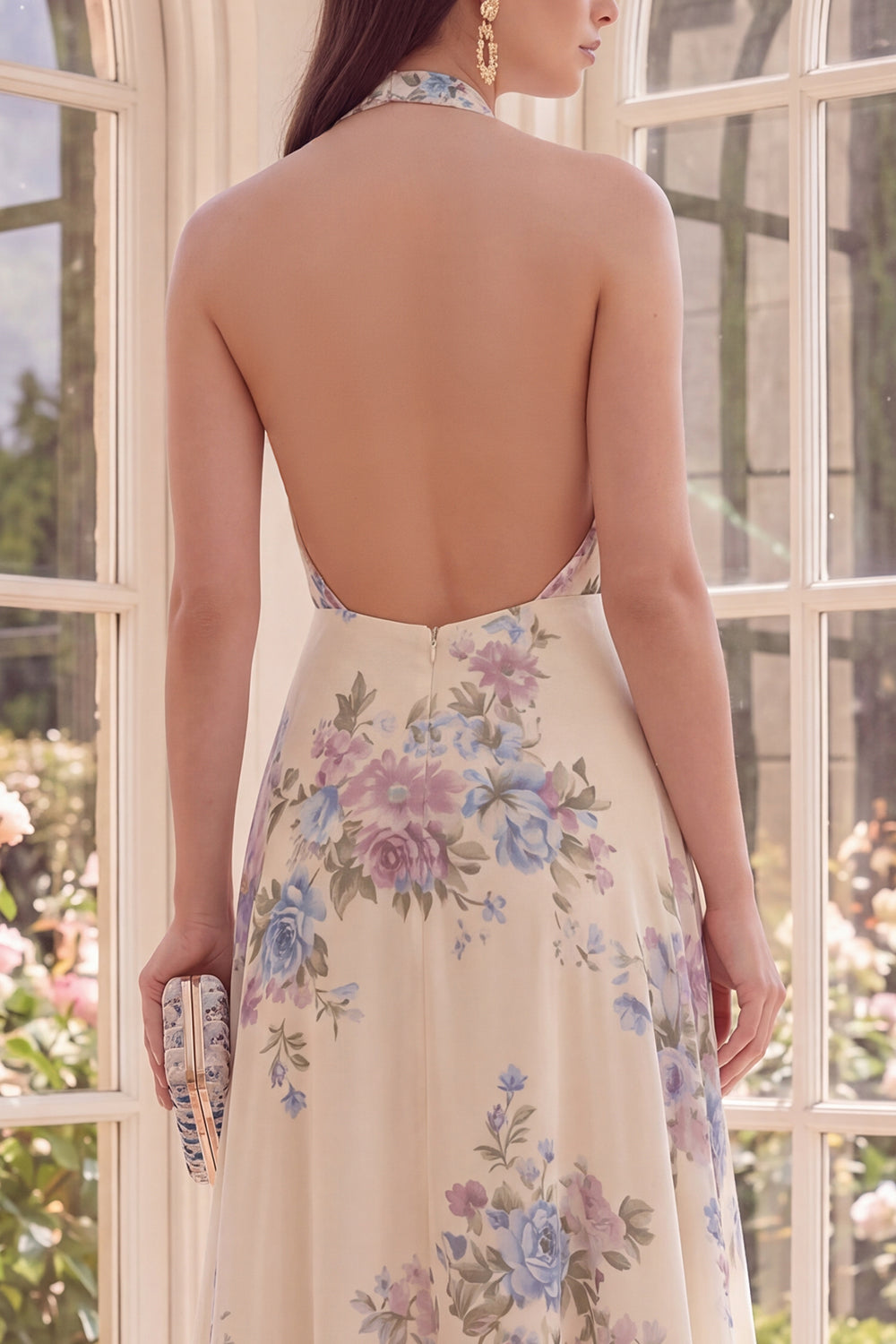 Halter Backless Apricot Floral A Line Maxi Formal Dress with Slit