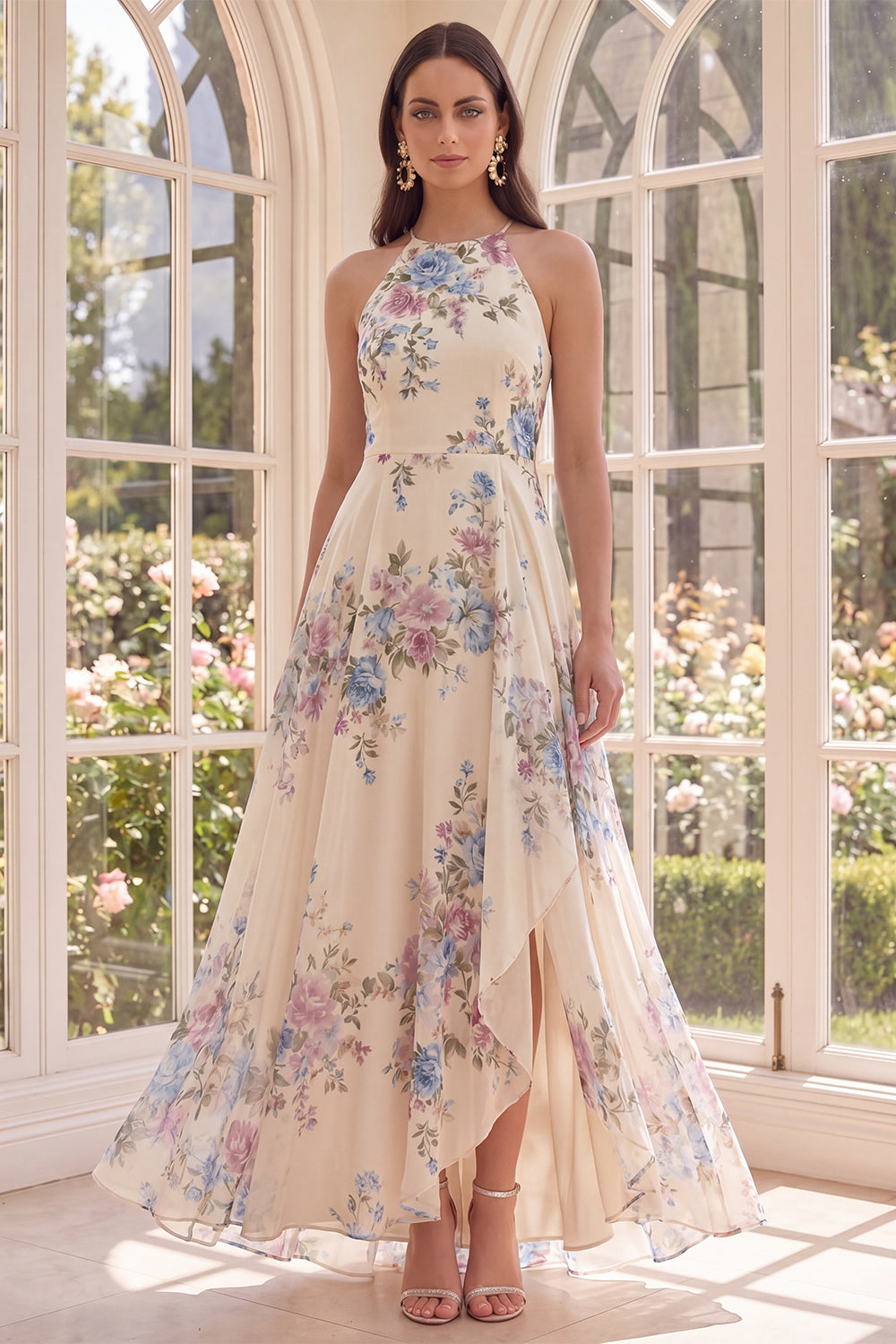 A Line Maxi Halter Apricot Floral Ruffled Open Back Formal Dress with Slit
