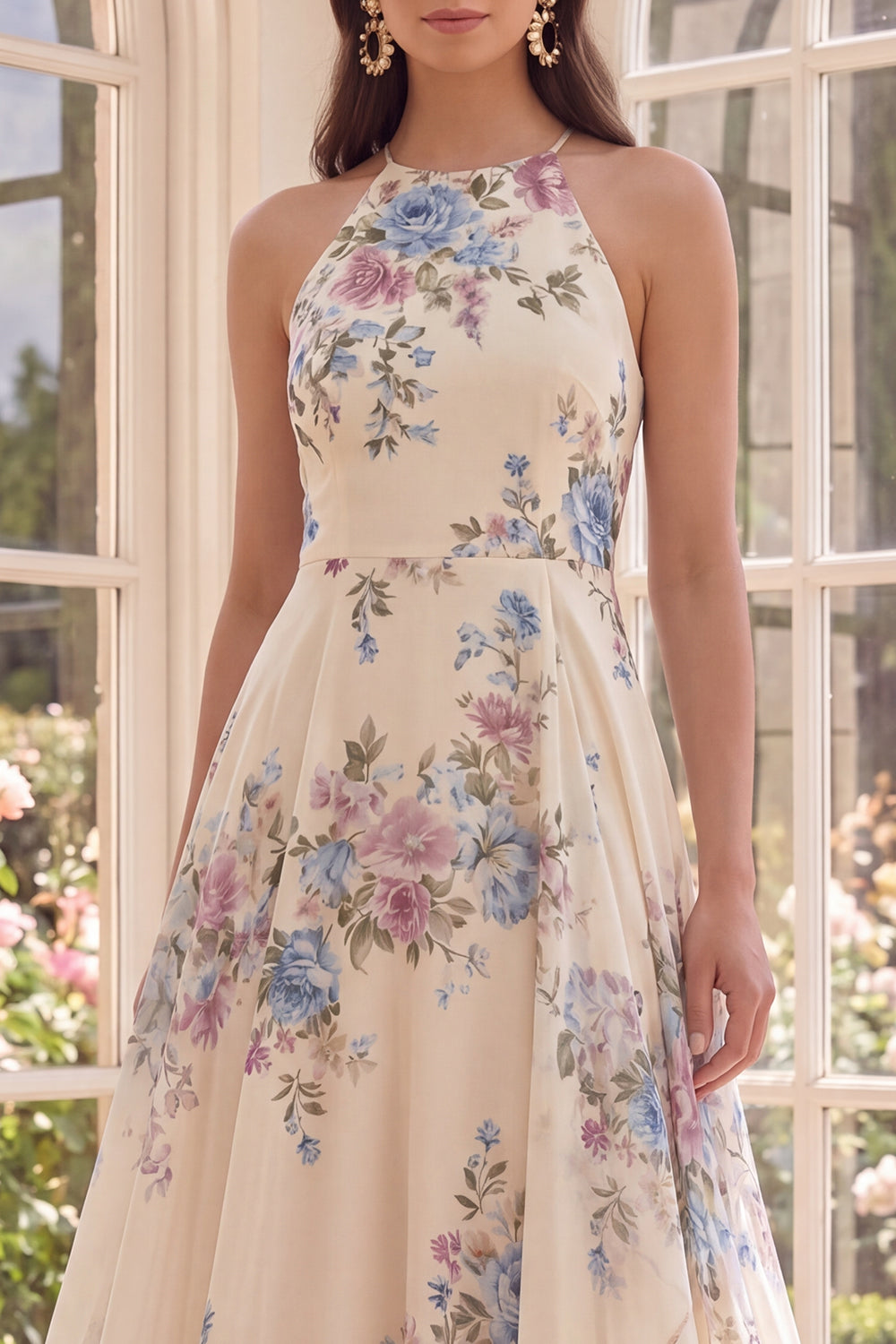 A Line Maxi Halter Apricot Floral Ruffled Open Back Formal Dress with Slit