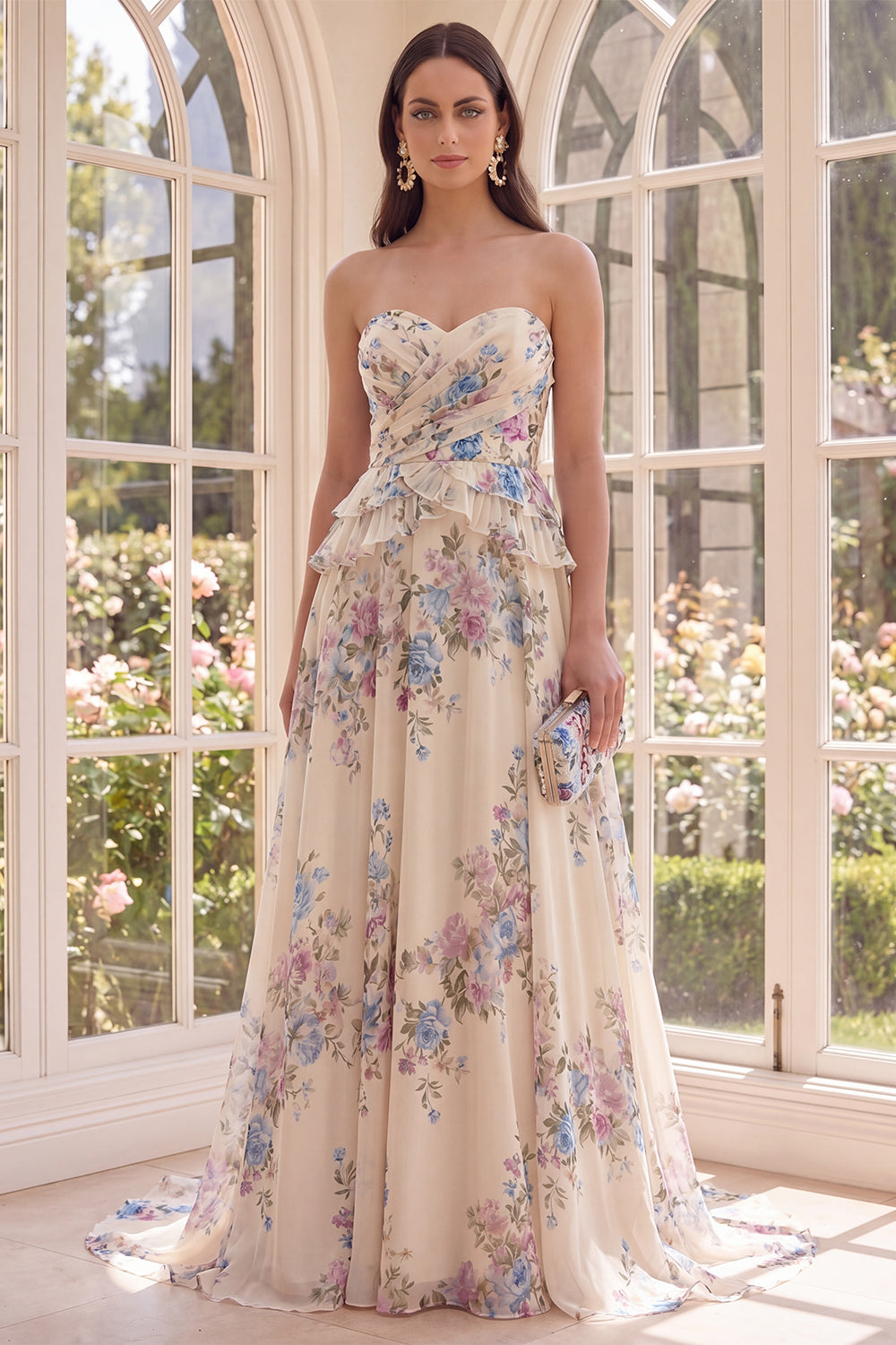 Basque Waist Apricot Floral A Line Maxi Formal Dress with Ruffles